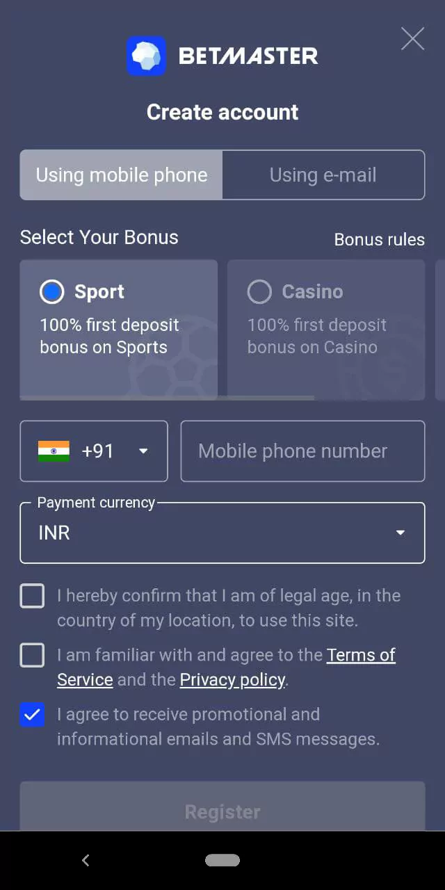 Registration page for new users in the mobile application of the Betmaster bookmaker