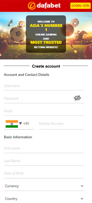 The registration page in the mobile app from the bookmaker dafabet