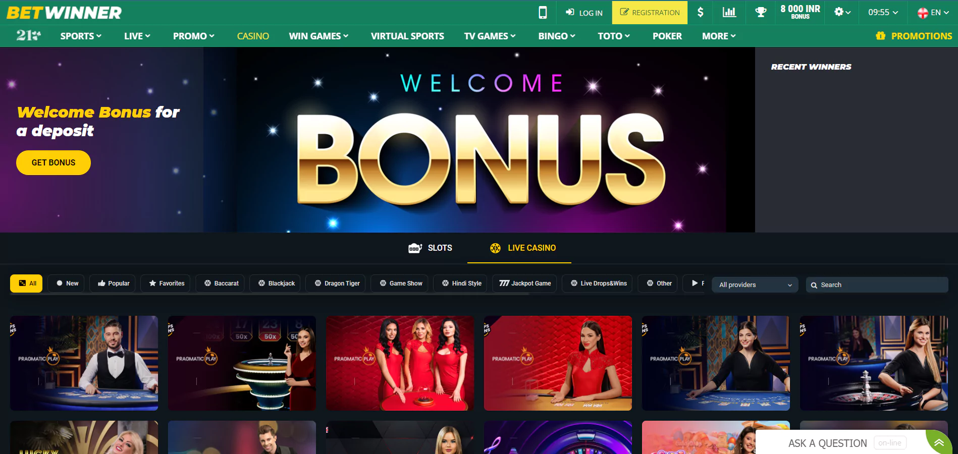 Live casino page with welcome bonus from Betwinner bookmaker