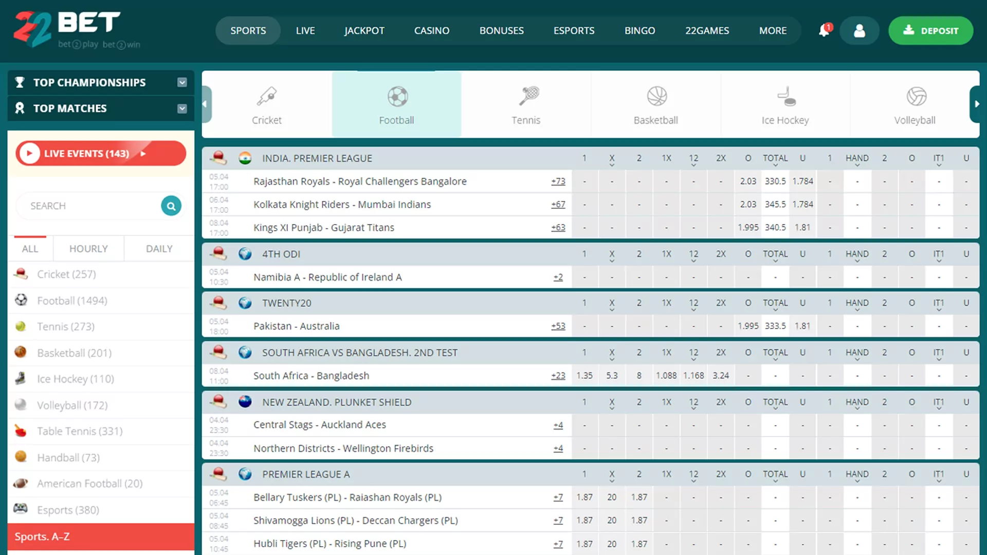 Interface of 22bet betting platform.