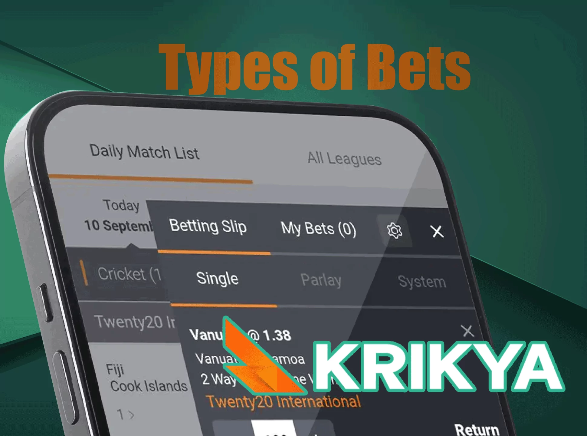 Krikya app allows placing all the same types of bets as the web version does.