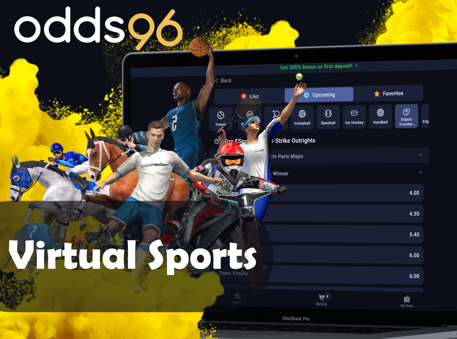 Make bets on different Odds96 virtual sports.